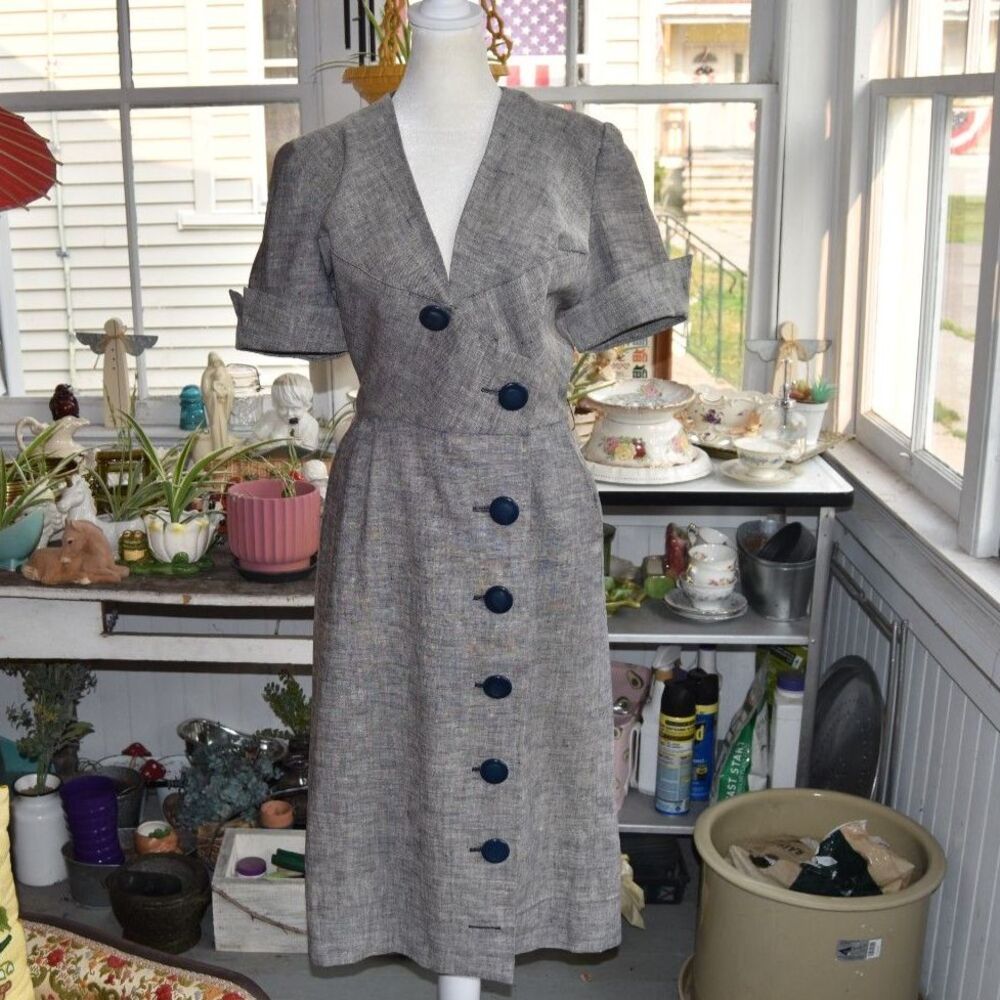 Vintage 60s Georgette Gray Linen Look Sheath Dress S Double Breasted Midi
